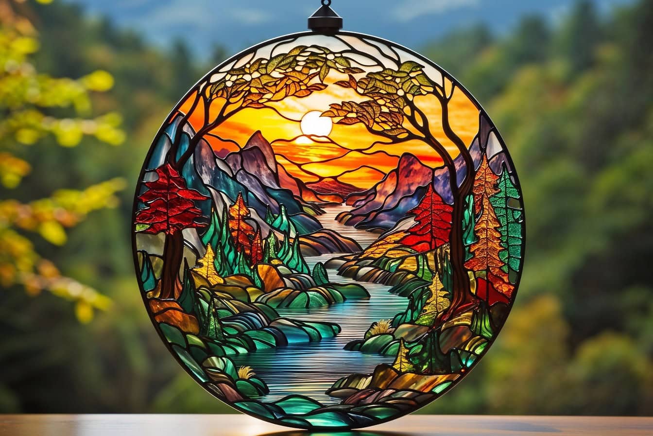 Håndlaget rund glassmaleridekorasjon med tema elv og fjell om høsten med solstråler som bakgrunnsbelysning