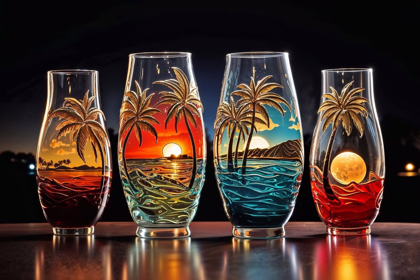 Handgemachte Trinkgläser mit bemalten Kunstwerken mit dem Thema Palmen bei Sonnenuntergang