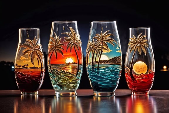 Copos artesanais com obras de arte pintadas com o tema das palmeiras ao pôr do sol