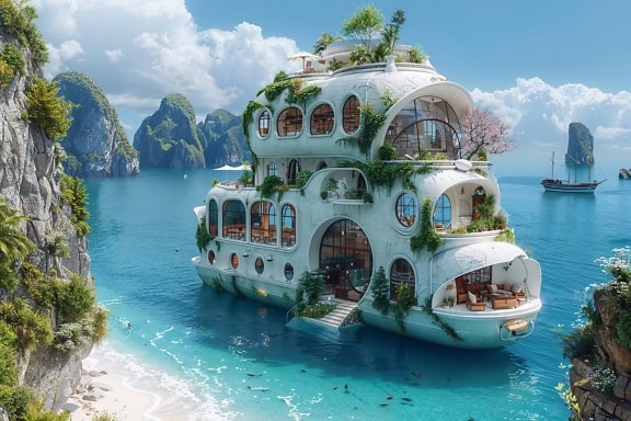 Het concept van een drie verdiepingen tellend jachthuis begroeid met planten op zee langs de kust