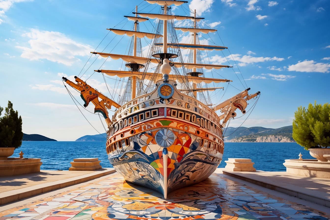 Bela escultura pela praia na forma de um veleiro feito de cerâmica colorida no chão com mosaico