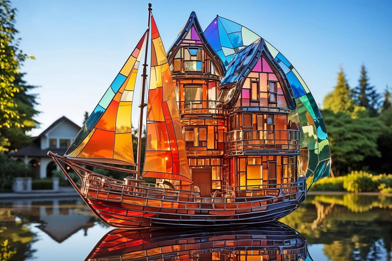 En fantastisk miniatyr tredimensjonal modell av et hus i form av et seilskip laget i teknikken for 3D-farget glass
