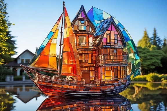 En storslået miniature tredimensionel model af et hus i form af et sejlskib lavet i teknikken med 3D farvet glas