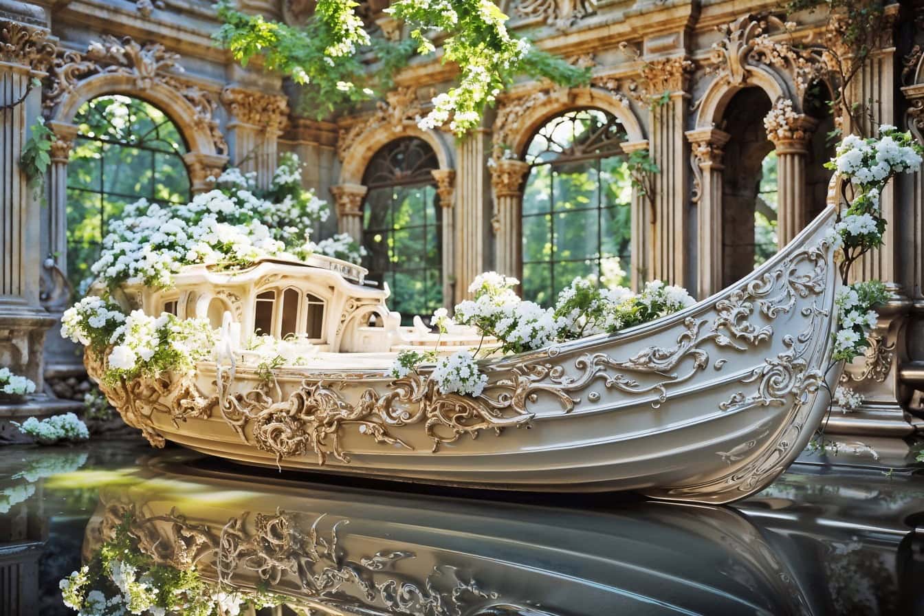 Gondola albă unică, cu decorațiuni bogate și cu flori pe ea, în holul vilei victoriene luxoase