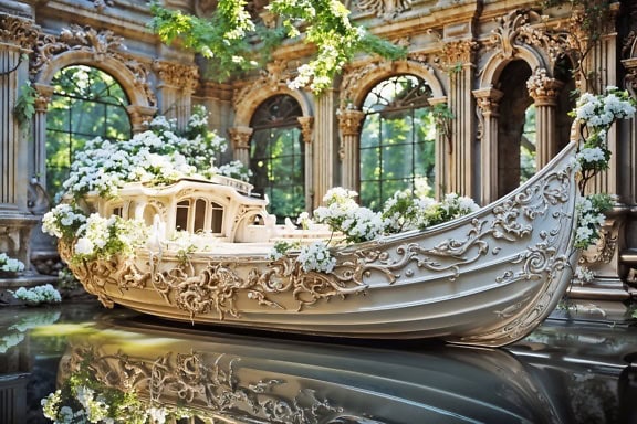 Egyedülálló fehér gondola gazdag díszítéssel és virágokkal a luxus viktoriánus villa halljában