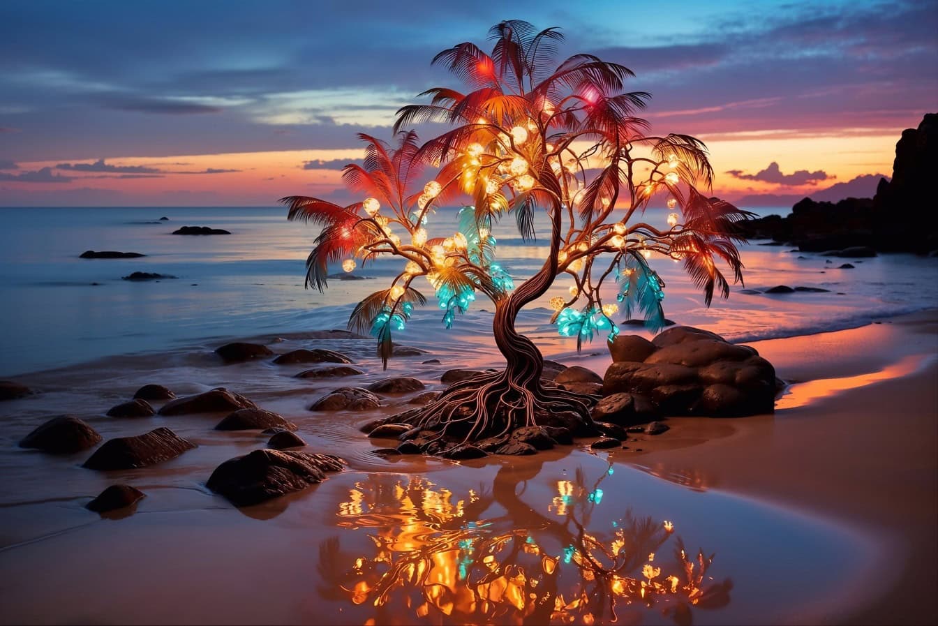 Matahari terbenam tepi pantai yang ajaib dengan pohon dengan lampu warna-warni di atasnya