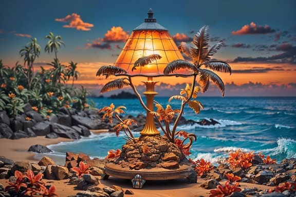 Extraordinária fotomontagem de uma lâmpada mágica em uma praia inspirada com um tema de bonsai