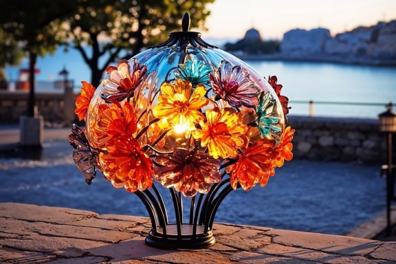 Pouličná lucerna s dekoráciou z farebných kvetov technikou vitráže
