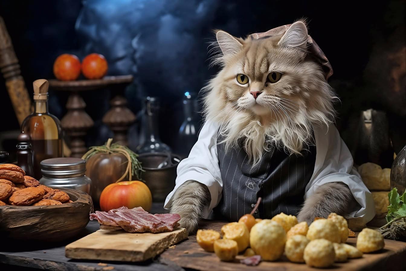 Hauska valokuvamontaasi kissakokista puvussa keittiön pöydän ääressä päivittäistavaroiden kanssa