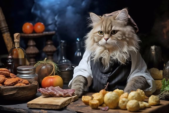 Vicces fotómontázs egy öltönyös macskaszakácsról a konyhaasztalnál élelmiszerekkel