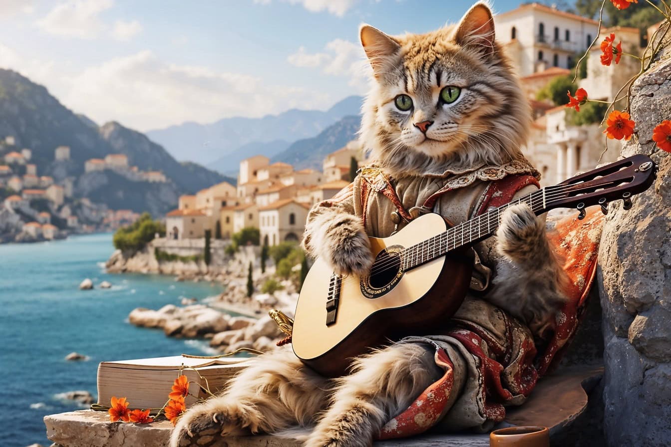 Zabawny fotomontaż kota przebranego za muszkietera siedzącego na półce przy plaży i grającego na gitarze akustycznej