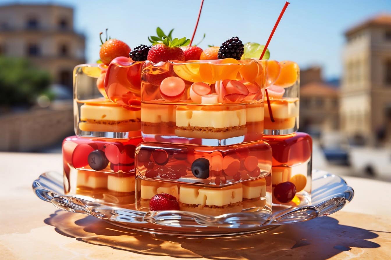 A delicious fruit jellycheese cake on a glass plate, a cold refreshing summer dessert