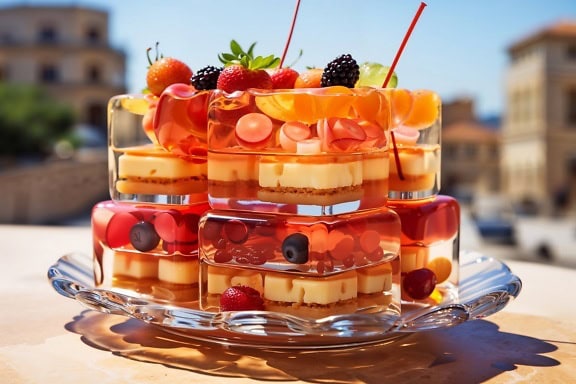 Lahodný ovocný želé syrový koláč na sklenenom tanieri, studený osviežujúci letný dezert