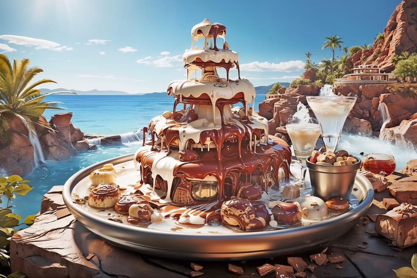 Un tort uimitor de ciocolată decorat elegant, sub forma unei fântâni cu ciocolată caldă, turnat pe o farfurie cu cocktailuri și deserturi