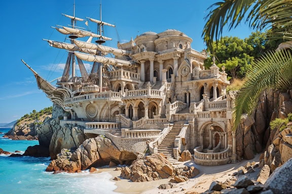 Egy misztikus ősi palota romjai vitorlás hajó formájában a tengerparton, Lilliput mesebeli földjén