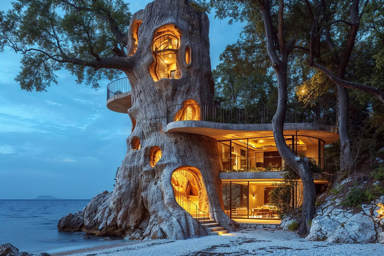 Buitengewone fotomontage van een luxe boomhut van drie verdiepingen gemaakt van een grote boomstam