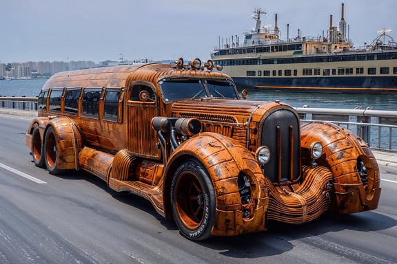 Majestuoso fotomontaje de un camión postapocalíptico oxidado en una carretera con un barco de fondo