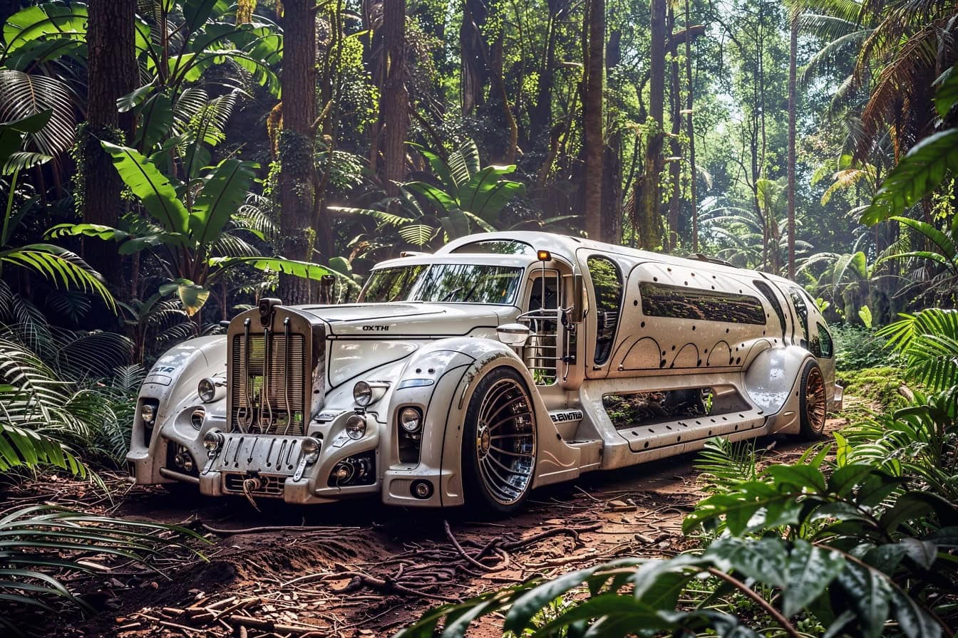 Außergewöhnliche Fotomontage eines weißen futuristischen Luxus-Limousinen-Trucks in einem tropischen Wald
