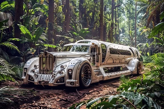 热带森林中白色豪华未来派豪华轿车的非凡蒙太奇照片