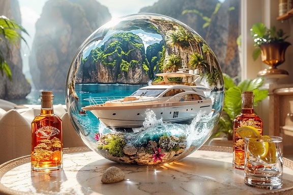 Une grande boule de verre décorative avec un yacht à l’intérieur sur une table avec des bouteilles de boisson et un verre de cocktail