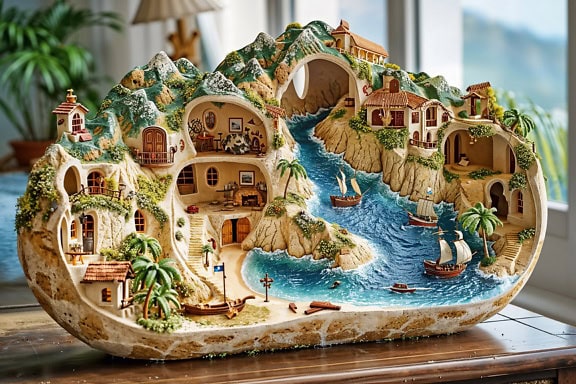 Kerámia 3D modell tengeri-hajózási stílusban egy trópusi Liliput településről a tengerparton
