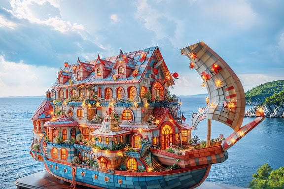Eine Puppenhaus-Fotomontage, ein dreidimensionales Miniaturmodell eines märchenhaften Schiffshauses mit vielen Lichtern