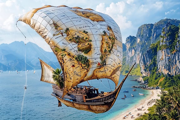 Fotomontage van een sprookje met een zeilschip dat in de lucht zweeft met een mast waarop een zeekaart staat naar de begraven schat