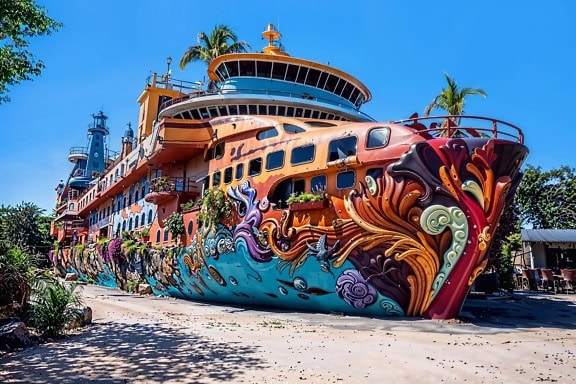Een groot huis in de vorm van een jacht-cruiseschip beschilderd met levendige illustraties in popartstijl