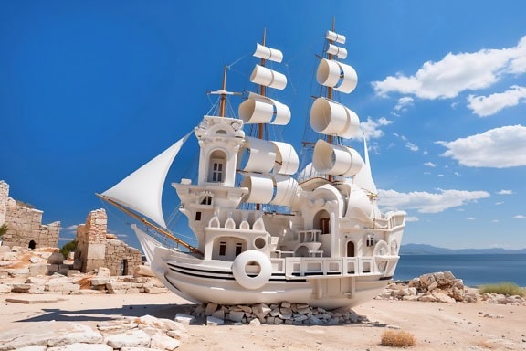 一艘白色帆船在沿海古老海洋定居点废墟前的岩石上的雕塑