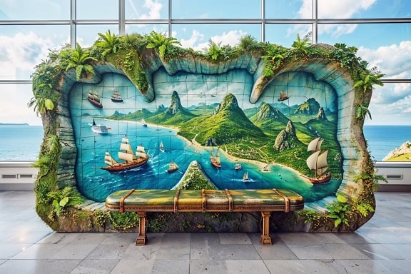 一个带有海洋航海壁画的大型雕塑，在机场大厅有一个休息的长凳