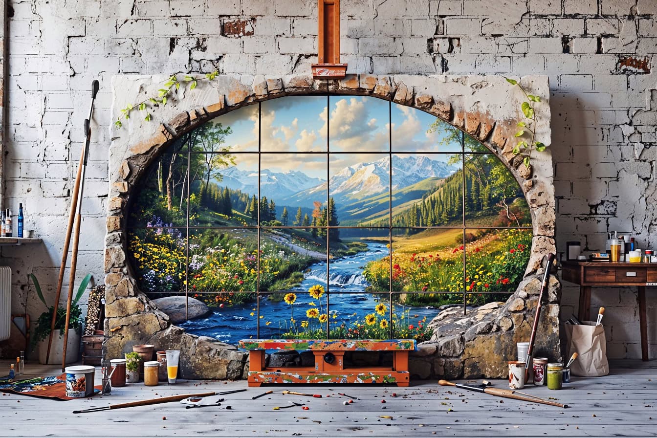 Uno studio d’artista con grande cavalletto per pittura con un dipinto di un fiume all’interno di un muro di pietra 3D