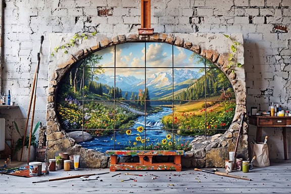Un estudio de artista con caballete de pintura grande con una pintura de un río dentro de una pared de piedra en 3D