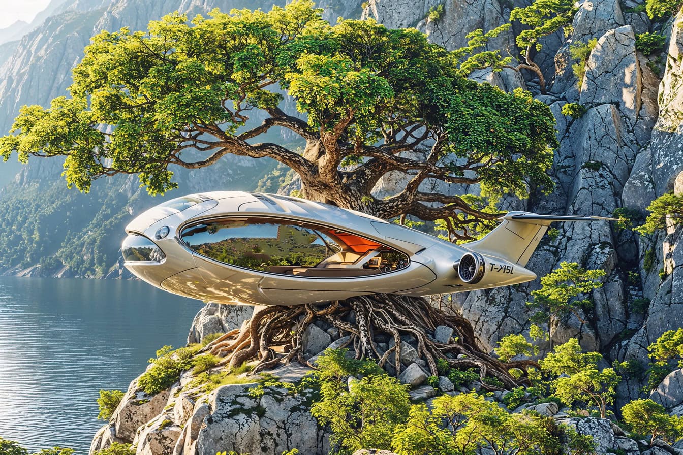 Concept nerealist al unei aeronave-bungalou pe o rădăcină de copac pe vârful stâncii deasupra apei