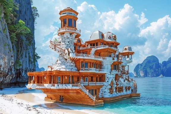 Konzept einer luxuriösen Blockhausyacht, eines Strand-Entspannungshauses mit weißer Steindekoration
