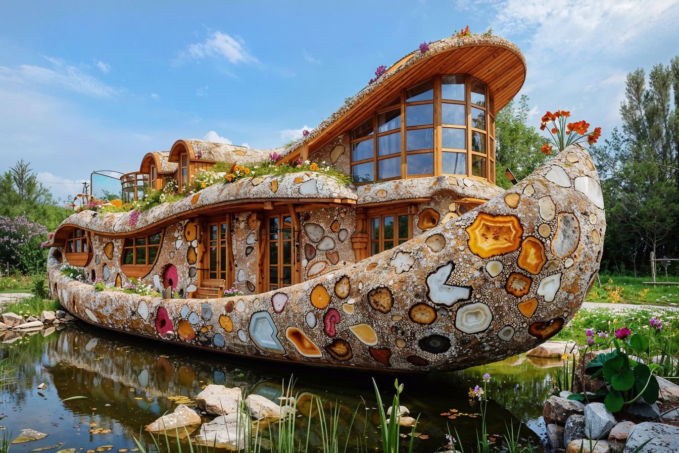 Koncepcja domu w kształcie futurystyczno-bajkowej łódki na wodzie na podwórku