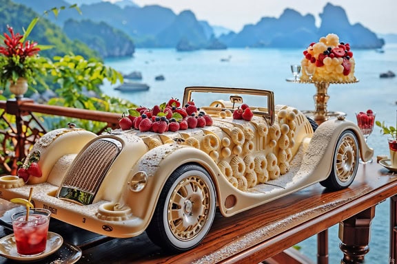 Um delicioso bolo de aniversário em forma de um clássico carro antigo em uma mesa ao lado de um coquetel de frutas frescas com gelo