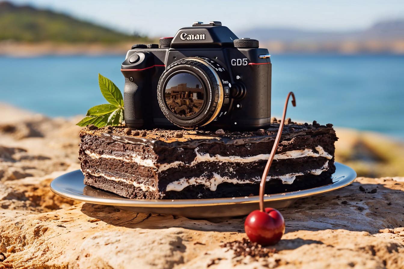 잘 익은 체리 옆 접시에 맛있는 초콜릿 케이크 한 조각에 담긴 캐논 디지털 카메라, 사진 작가를 위한 완벽한 생일 선물