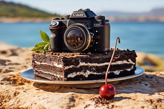 Kamera digital Canon pada sepotong kue cokelat lezat di piring di samping ceri matang, hadiah ulang tahun yang sempurna untuk seorang fotografer