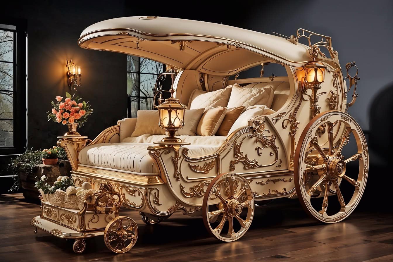 Uma carruagem bege-dourada em estilo vitoriano com lâmpadas convertidas em uma cama no quarto com paredes pretas