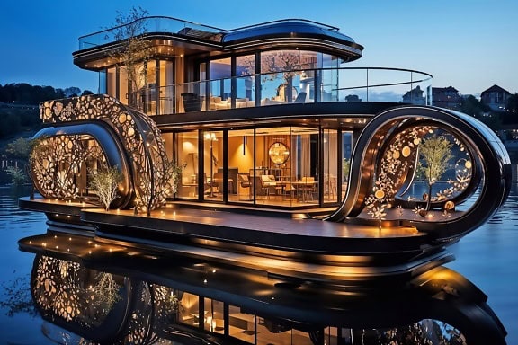 Ett fotomontage av en lyxig flytande bungalow-superyacht med konstnärliga dekorationer på kvällen