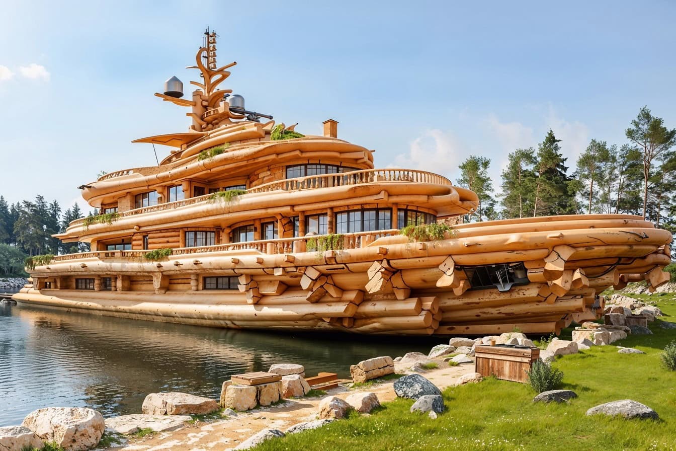 Луксозна дървена дървена колиба на брега на езерото под формата на яхта, изработена от трупи