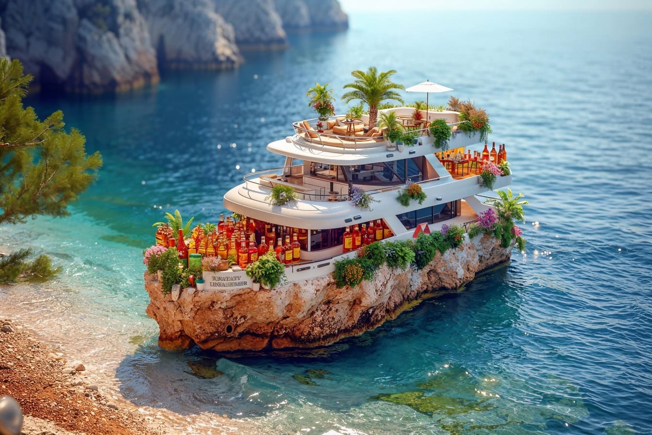 Интересный фотомонтаж миниатюрной яхты с множеством бутылок напитков на небольшом каменном острове