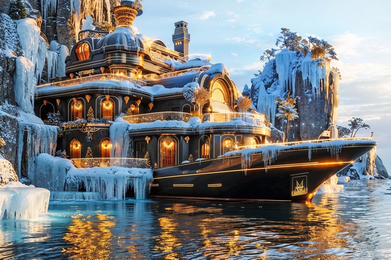 Футуристична концепция за супер яхта в замръзнала среда, фотомонтаж на зимен курорт край морето