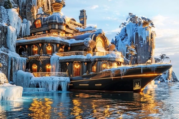 Futurisztikus koncepció egy szuper jachtról fagyott környezetben, fotómontázs egy téli üdülőhelyről a tenger mellett