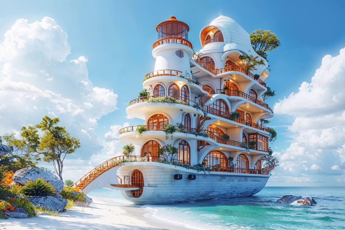 Un concept futurist al unei nave cu șapte etaje transformată în hotel, un fotomontaj al unei stațiuni de vacanță de vară
