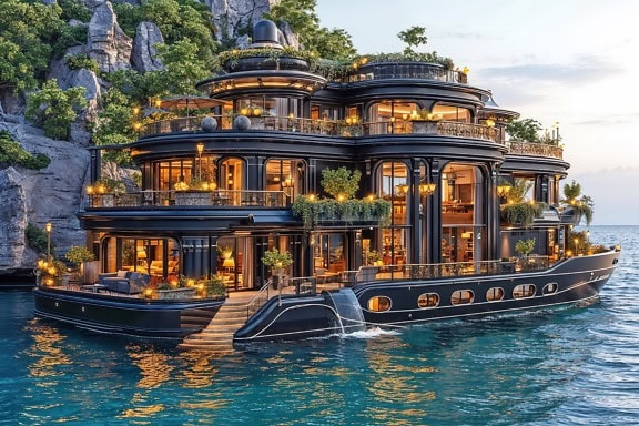 A futurisztikus üdülőhely koncepciója egy szuper jachttal luxusszállodává alakítva