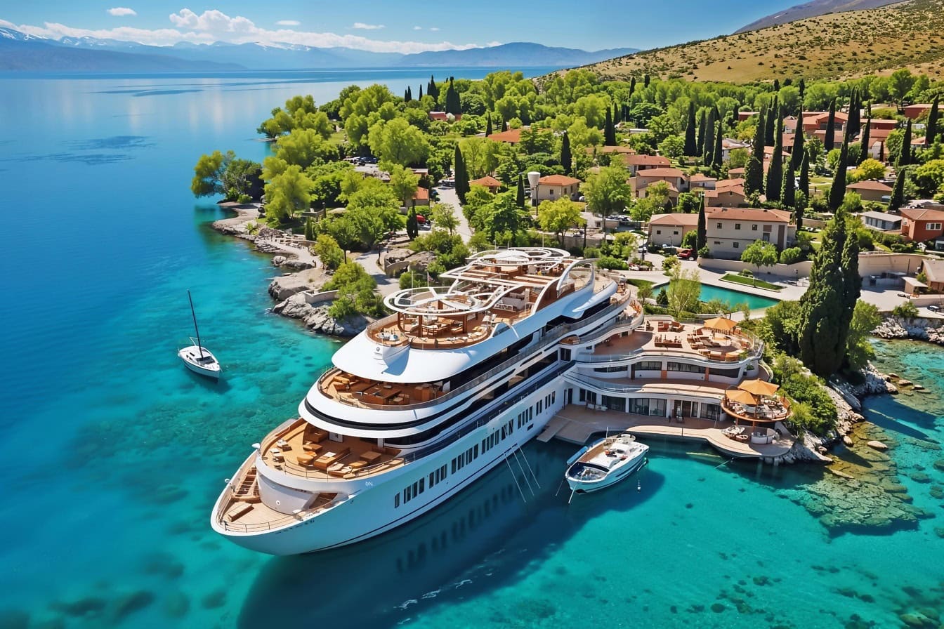 Изглед от въздуха на летен курорт с луксозна супер яхта, превърната в хотел