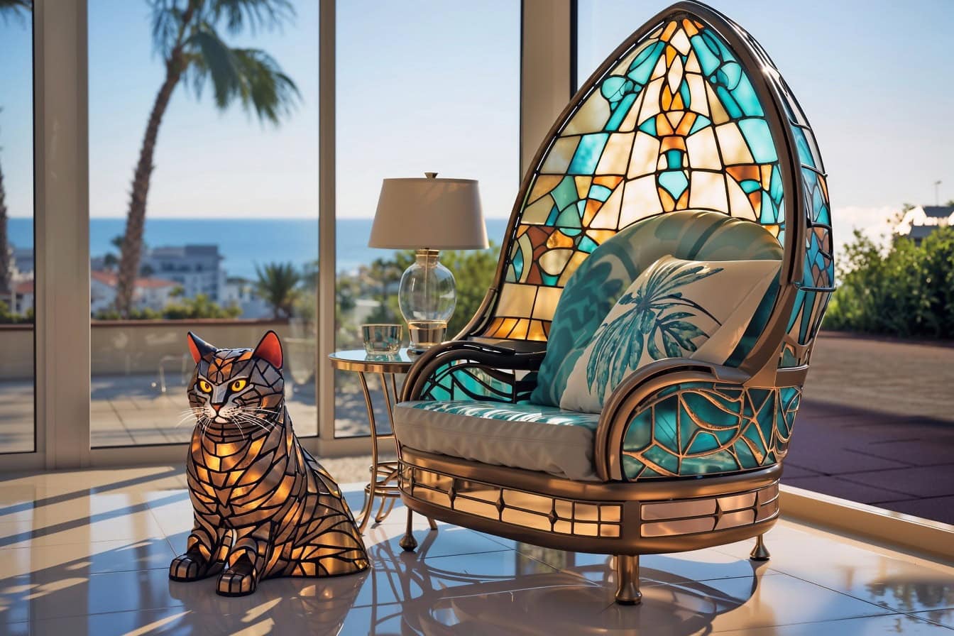 Staty av en katt av målat glas bredvid en handgjord konstnärlig stol gjord i 3D-målad glasteknik