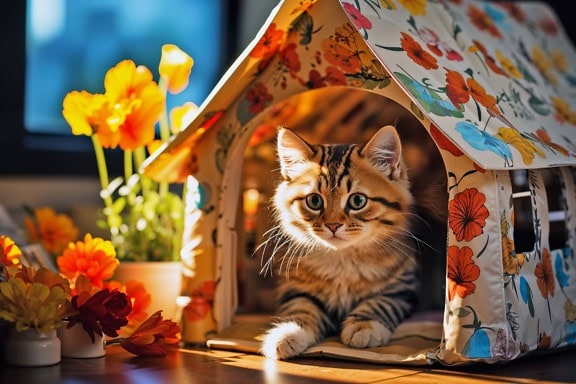 猫小屋のような小さなテントに横たわる愛らしい子猫