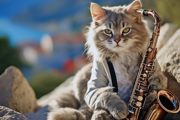 Uma fotomontagem de um gato persa cinza segurando um saxofone